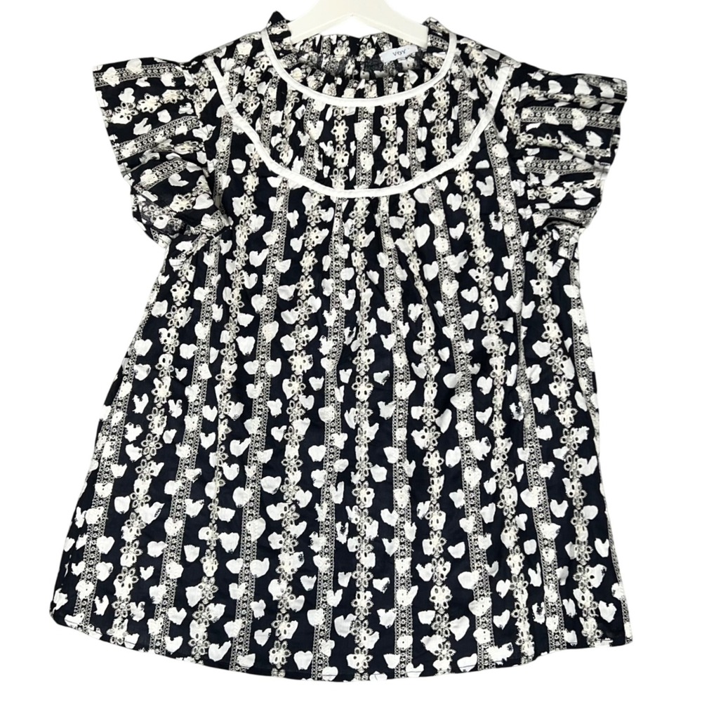 VOY Black White Heart with Eyelets Ruffle Neck Flutter Sleeve Blouse Top Size L